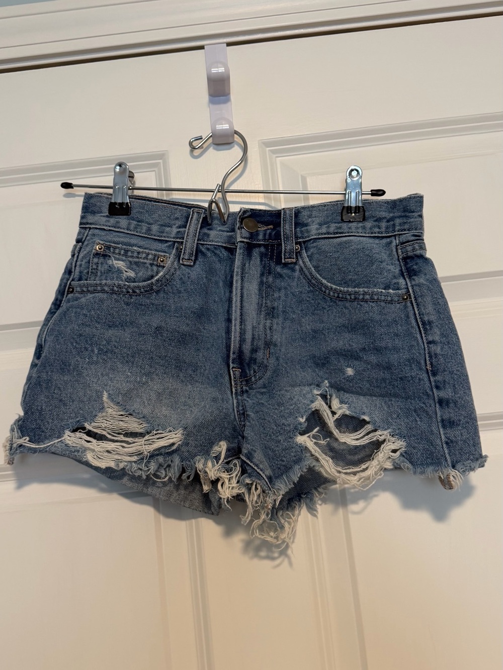 Altar'd State Distressed Medium Blue High-Rise Denim Shorts
